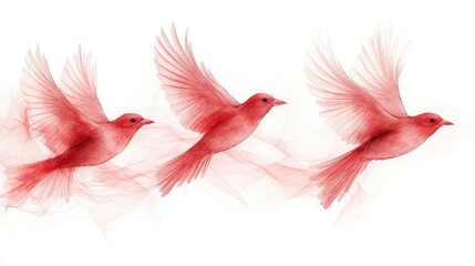 Fototapeta premium Three ethereal red birds in flight, showcasing grace and movement.
