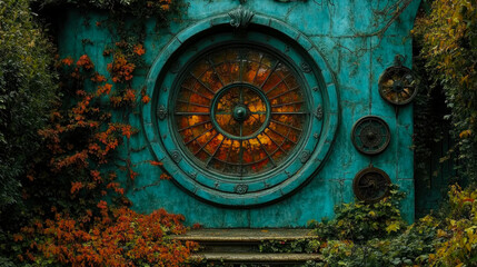 Obraz premium An ornate turquoise door rests in a lush, ivy-covered area, framed by vibrant autumn leaves, hinting at hidden secrets within the forest