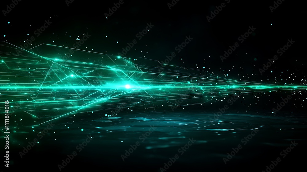 Aufkleber abstract digital light beam with glowing particles and lines on dark background