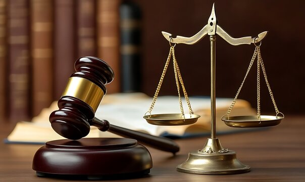 wooden gavel legal code and scales of justice in courtroom concept of law and order still life photo, Generative Ai - Powered by Adobe