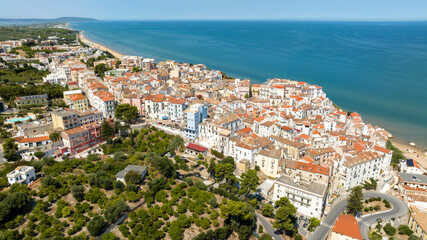 Aerial view of the town and the historic center of Rodi Garganico, located in Puglia, Italy, on the...