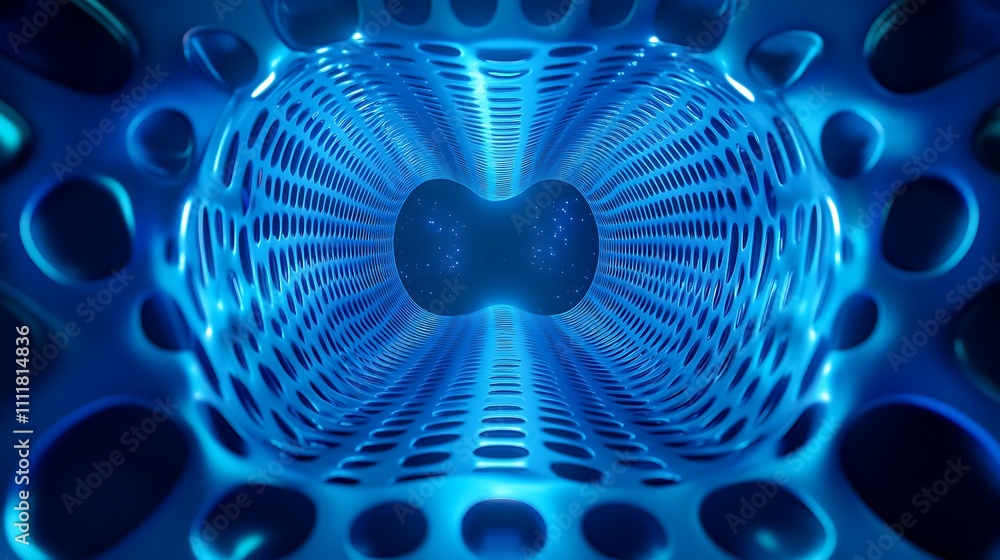 Poster abstract digital tunnel with glowing blue lights and circular patterns creating a futuristic atmosph