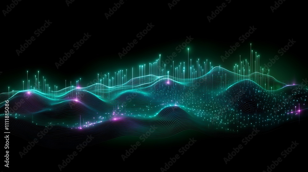 Poster abstract digital wave form with neon lights and particle effects on dark background