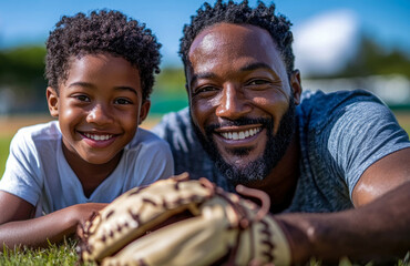 A joyful father and son share smiles while relaxing on green grass, surrounded by baseball gear on a bright, sunny day