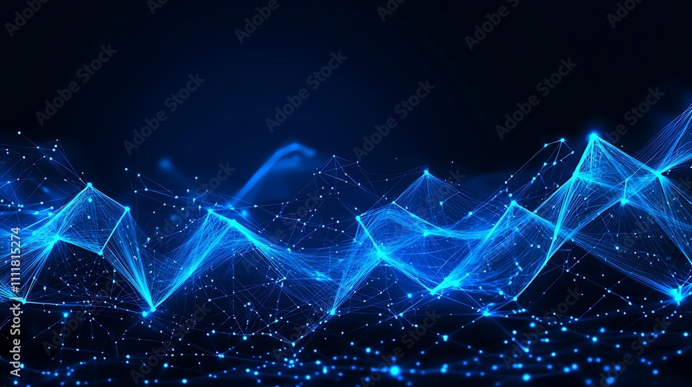 Poster abstract digital wave patterns in blue light with network connections and vibrant geometric shapes