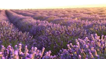 Obraz premium Vibrant Lavender Field Under Sunset Glow with Soft Focus Effect