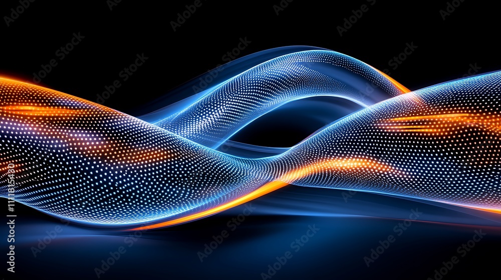 Poster abstract digital wave with glowing blue and orange lights in a smooth flowing pattern against a dark