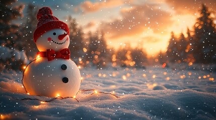Fototapeta premium A whimsical snowman with a red bow tie and glowing string lights wrapped around it, placed in a snowy clearing under a twilight sky, with an empty area on the left for text 