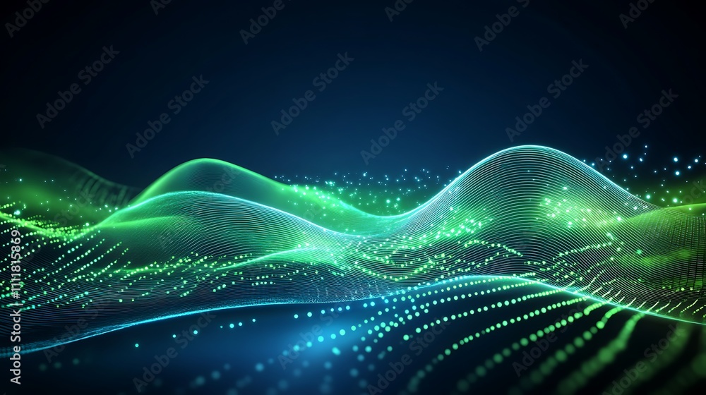 Poster abstract digital waves in green and blue with glowing particles and smooth curves on a dark backgrou