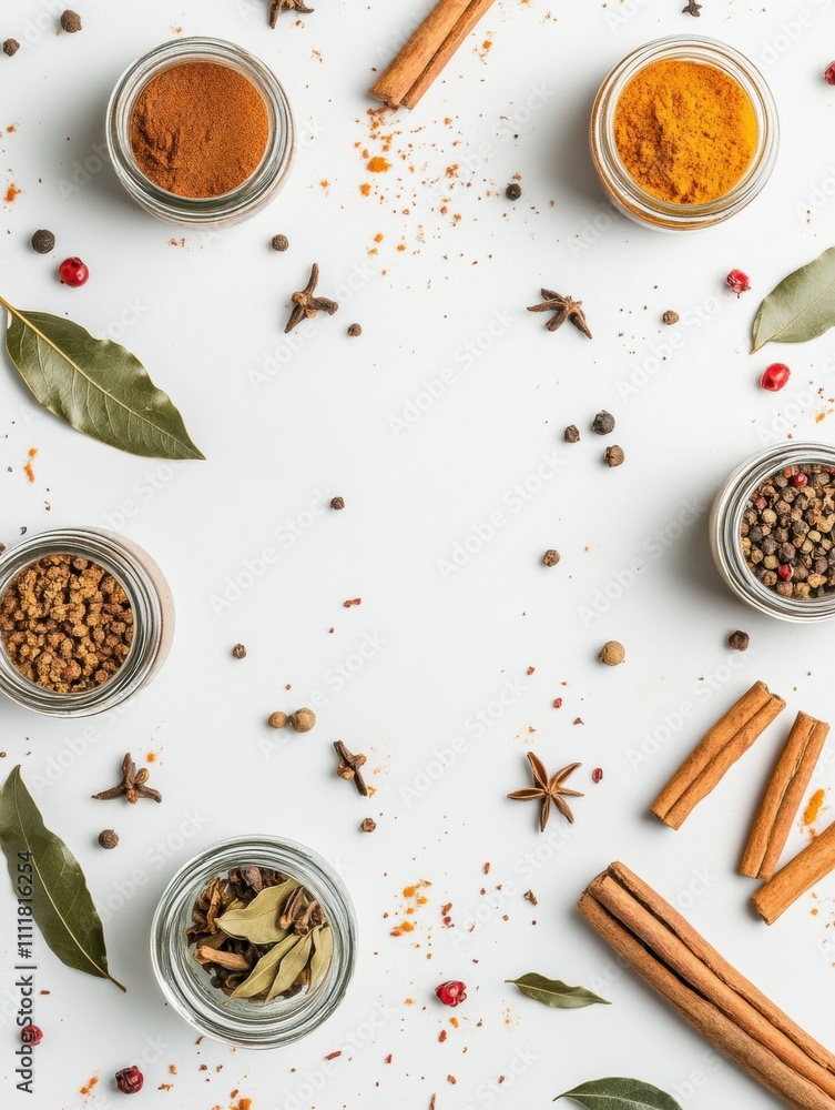 Aufkleber Small jars filled with vibrant spices surround bay leaves and cinnamon sticks, offering an aromatic setting with plenty of space for text. Generative AI
