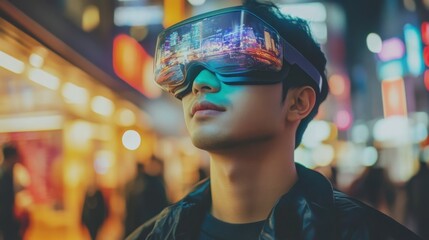 Obraz premium Young man wearing futuristic VR glasses in vibrant urban landscape, exploring immersive technology amidst dynamic city lights at night
