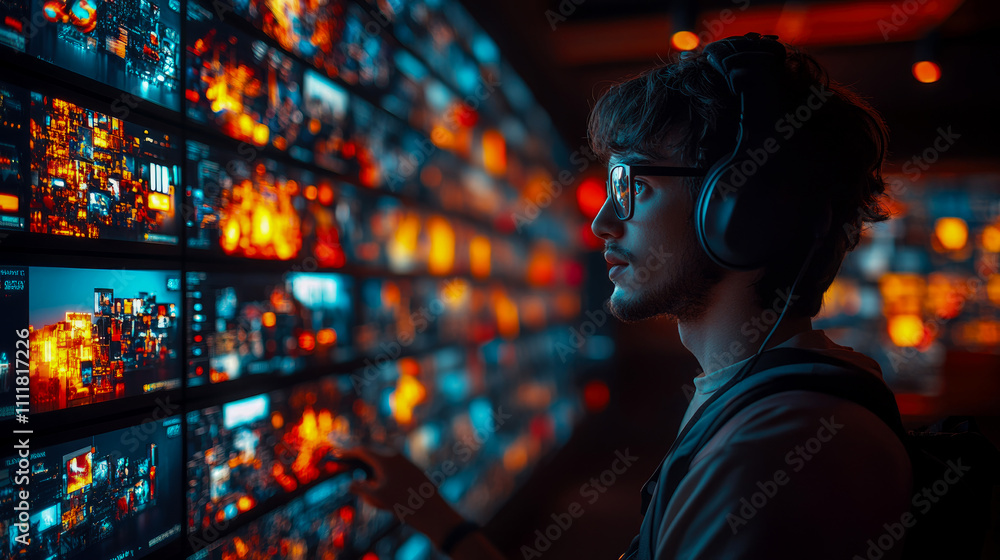 Poster a young man examines multiple colorful screens displaying dynamic visuals in a darkened exhibition s