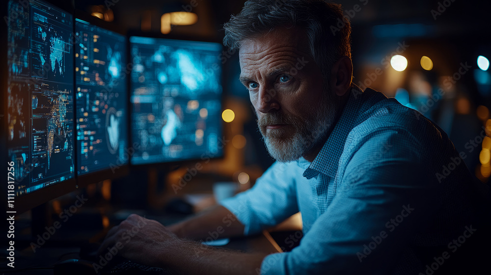 Poster analyst intently observes various data on large screens, engaged in critical analysis during a late-