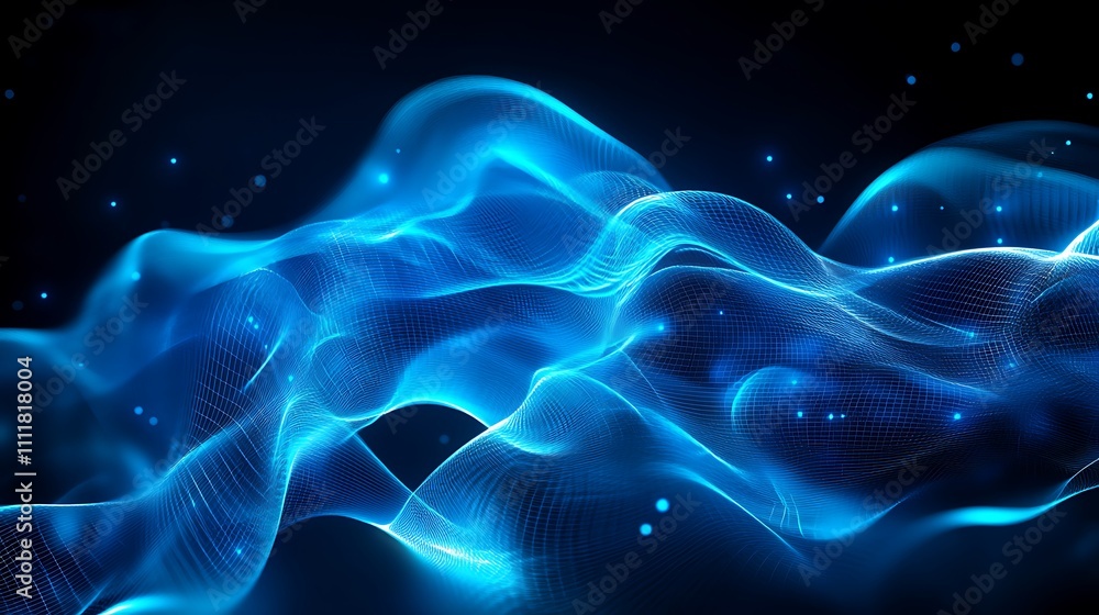 Poster abstract flowing waves of luminous blue light creating a sense of depth and movement in a dark backg