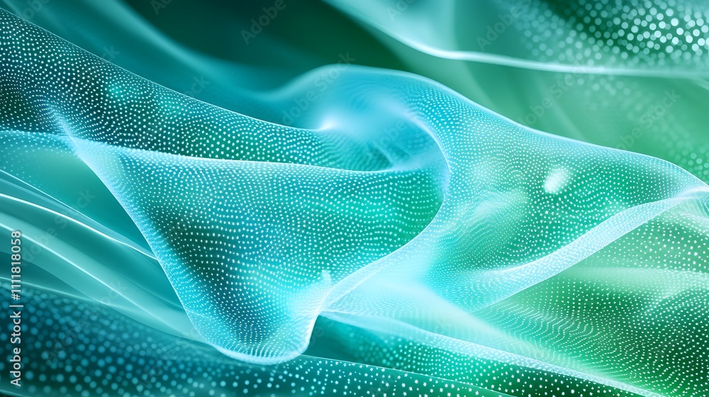 Poster abstract fluid waves with soft glowing patterns and particles in green and blue tones for digital de