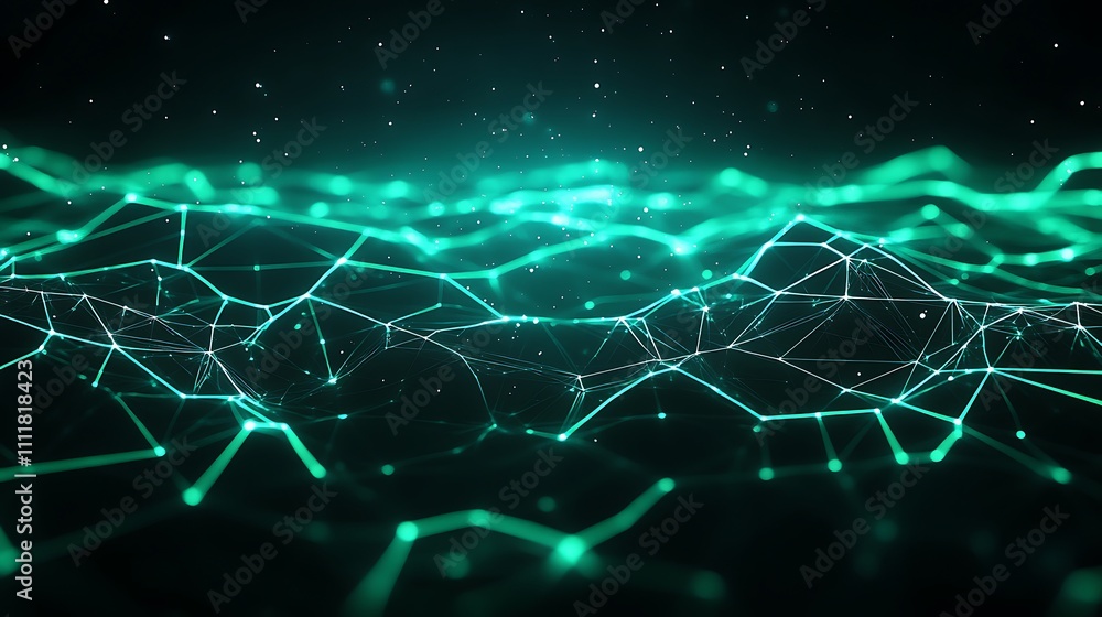 Poster abstract futuristic background with green and black low-poly wave structure and fine particles float