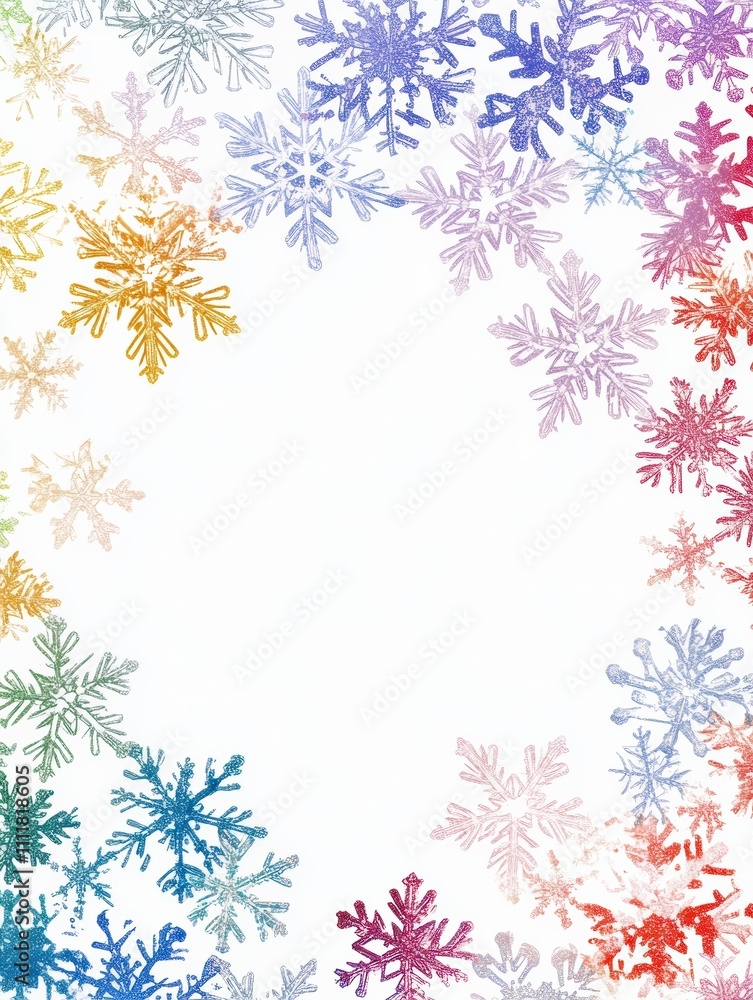 Leinwandbilder Colorful snowflakes in a variety of designs and colors frame an empty space, offering a creative canvas for personalized text or messages. Generative AI