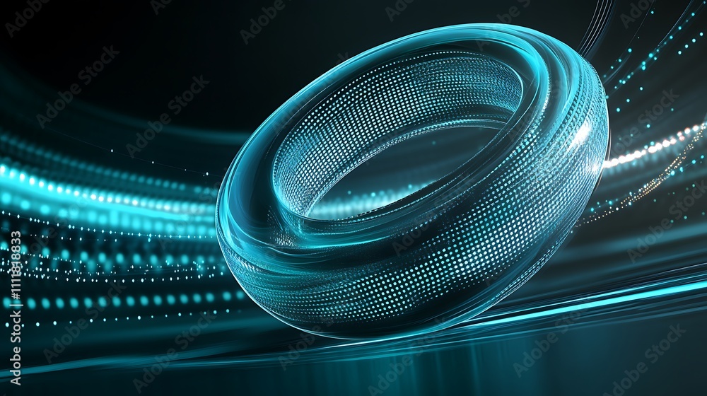 Poster abstract futuristic design featuring glowing circular shape with digital dotted pattern and soft lig
