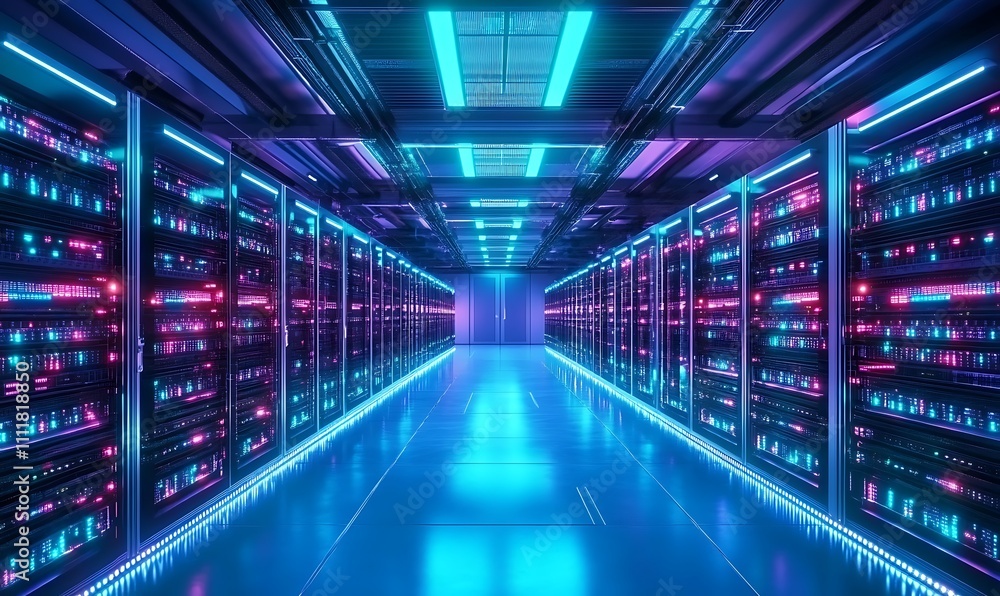 Poster futuristic data center interior with seamless rows of glowing server racks advanced cooling systems 