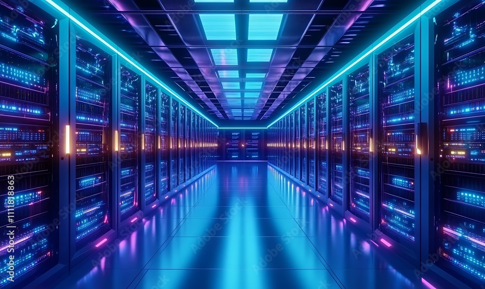 Poster futuristic data center interior with seamless rows of glowing server racks advanced cooling systems 