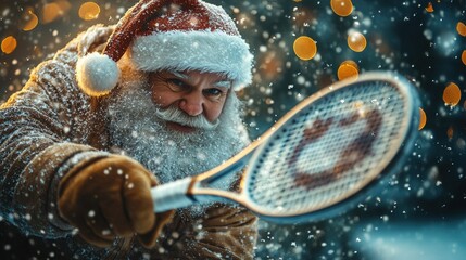 Santa Claus holding a simple white tennis racket and playing a match against an elf on a snow-covered court, with a large Christmas tree in the background and snowflakes in the air 