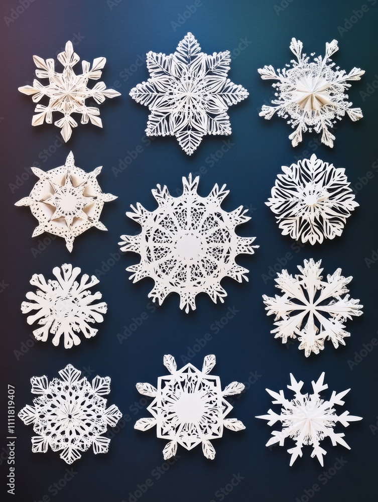 Poster Delicate paper snowflakes are beautifully arranged, featuring intricate designs on a dark backdrop, providing space for custom text or images. Generative AI