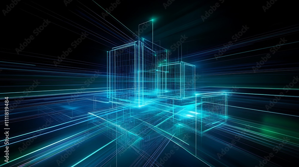 Poster abstract futuristic digital landscape with glowing lines and geometric shapes in a 3d space