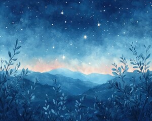 A serene night sky over mountains, adorned with stars and silhouetted foliage.
