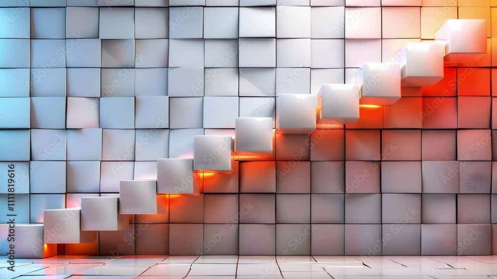Poster a modern staircase made of illuminated cubes against a textured wall of 3d square panels in various 