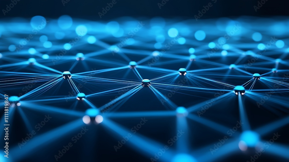 Poster abstract futuristic network of connected dots and lines forming a glowing digital field in blue colo