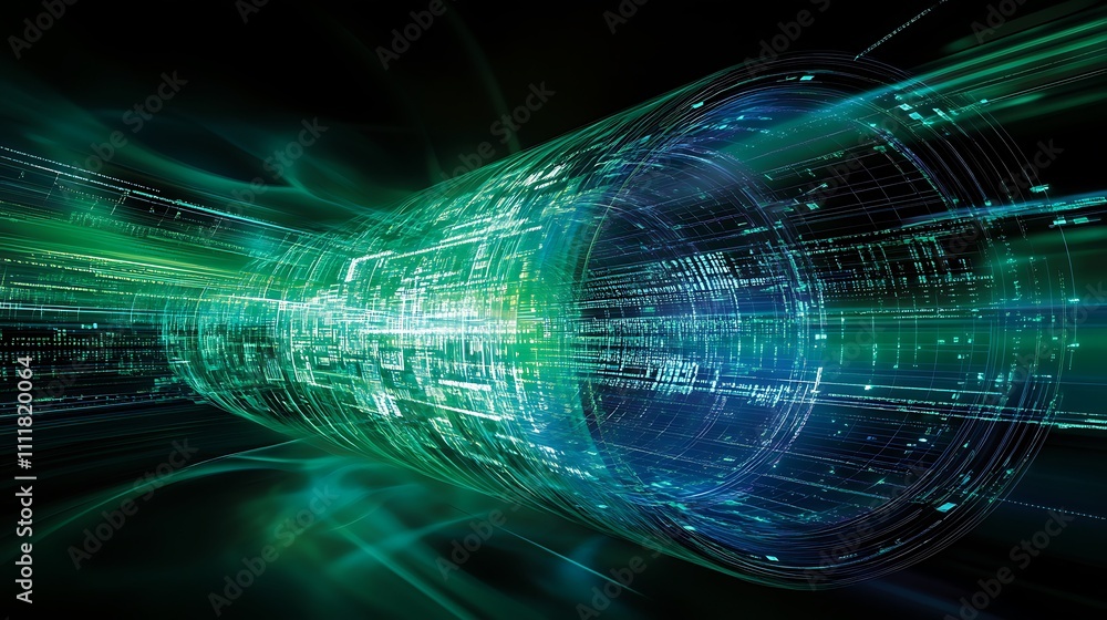 Poster abstract futuristic tunnel with glowing data streams and light effects in vibrant green and blue col