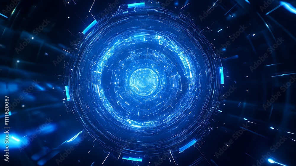 Poster abstract futuristic vortex with glowing blue light and digital elements in an infinite space environ