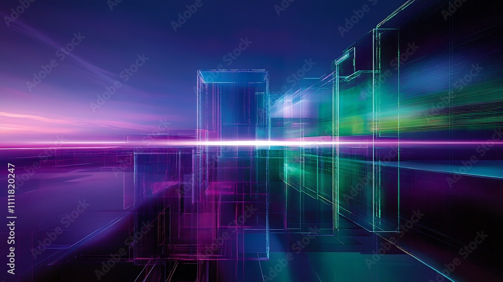 Poster abstract geometric landscape with vibrant colors and dynamic light effects in a futuristic setting