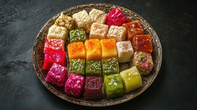 Delicious varieties of rahat lukum displayed in an elegant plate against a dark background