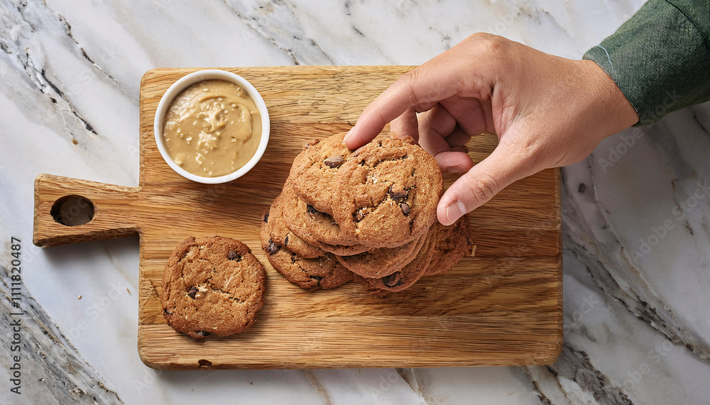 Aufkleber a hand holding a chocolate chip cookie above a stack of cookies on a wooden board, with a bowl of pe