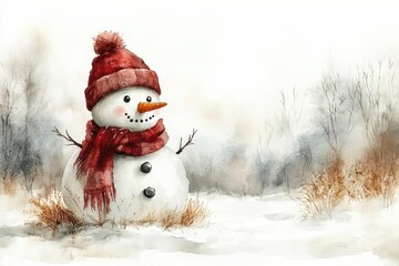Fototapeta premium Charming snowman with red scarf isolated on white background