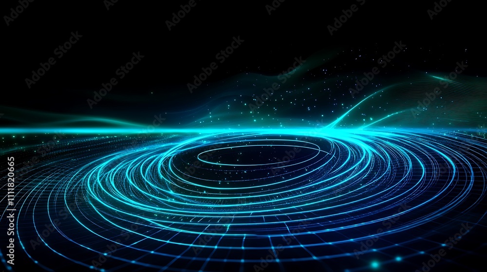 Poster Abstract glowing blue lines creating a spiral pattern on a dark background with soft light effects