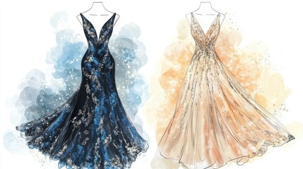Stylish dress illustrations with soft colors and intricate patterns, perfect for formal and casual events