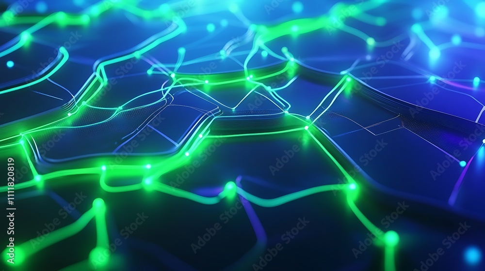 Poster abstract glowing lines and shapes in blue and green hues, representing technology and connectivity i