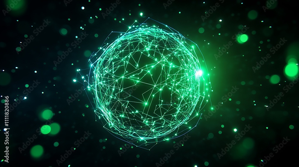 Poster abstract glowing sphere with interconnected lines and dots on dark background in digital technology 