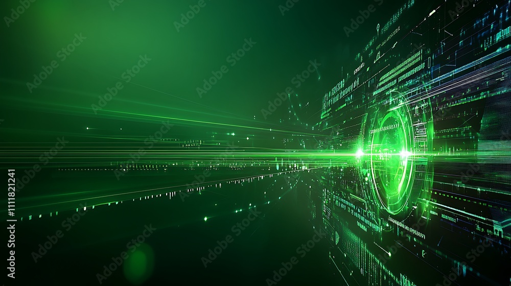 Poster abstract green digital background with futuristic data lines and light rays for technology and innov