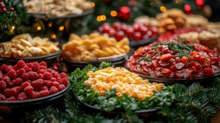 Fototapeta premium Festive bakery display showcasing a variety of fresh pastries and breads in a cozy holiday setting