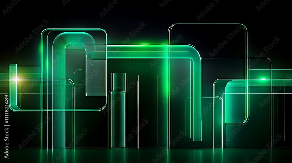 Poster abstract green glowing geometric shapes on a dark background with luminous lines and transparent lay