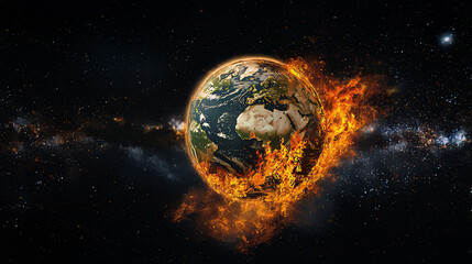 Naklejka premium A dramatic depiction of the Earth on fire, symbolizing climate change and environmental crisis against a fiery backdrop.