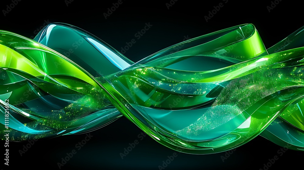 Poster abstract green wave pattern with shiny elements and fluid motion on dark background