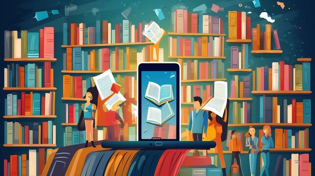 Smartphone displaying a digital bookstore interface with various novels e readers and other digital media products surrounding it