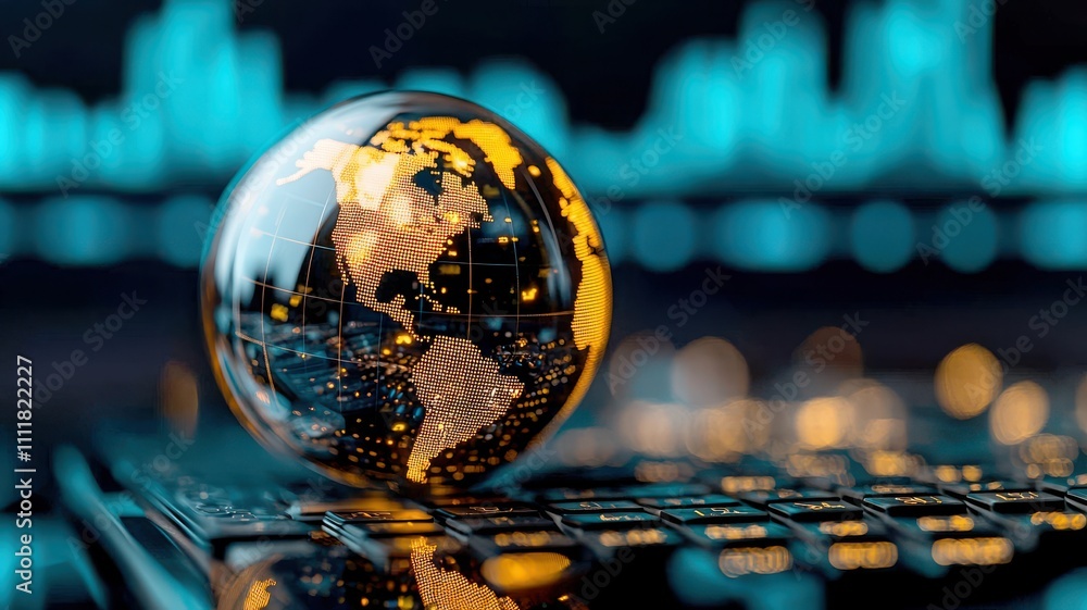 Poster investing in emerging markets concept. globe on a keyboard with a digital background representing te