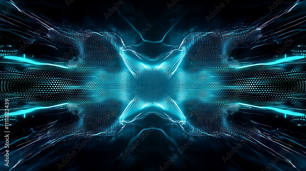 Poster abstract neon light waves with dynamic patterns and futuristic geometric shapes in vibrant blue and 