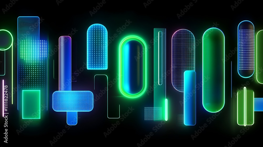 Poster abstract neon shapes and bright glowing lines on a dark background for creative design projects
