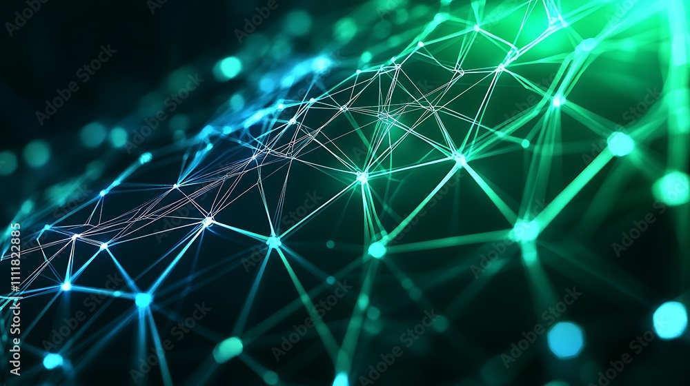 Poster abstract network structure with green and blue lights in dark background for technology and innovati